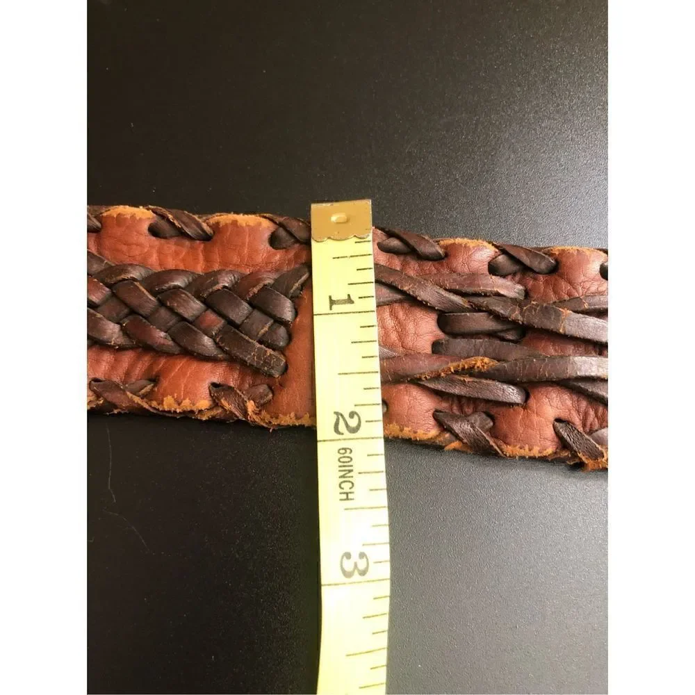 Handmade western Size M Leather Woven Belt Wood Buckle Made in Mexico
